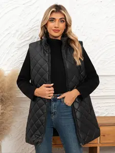 Women's Solid Fitted Zip Up Vest Jacket, Casual Basic Sleeveless Warm Gilet for Fall & Winter, Women's Clothing for Daily Wear, Tops, Womenswear