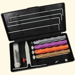 Lansky Diamond Sharpening System Grit: Extra coarse l Coarse l Medium l Fine. Includes: Knife clamp with angle selector; (4) guide rods; Soft bristle nylon brush; (4) Fingergrooved sharpening hones; Molded storage/travel case. Clam packed. knife sharpener