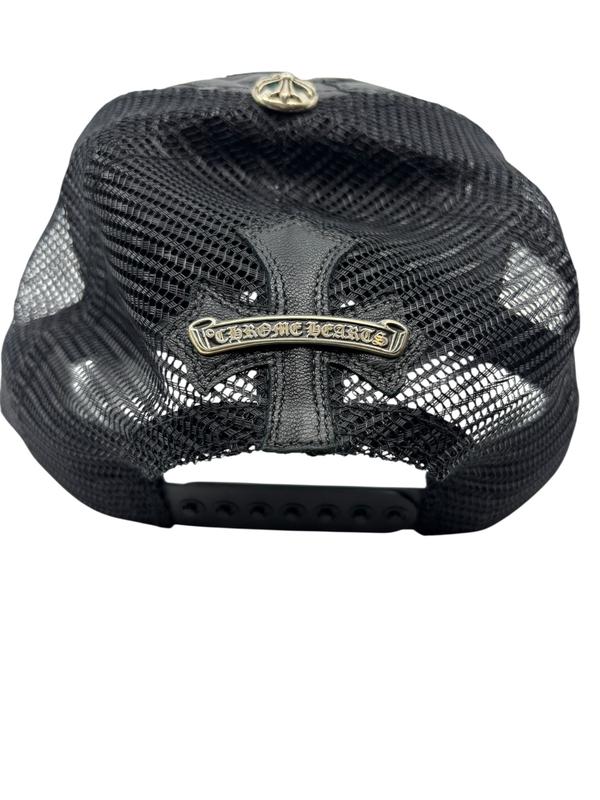 Chrome Hearts Cemetary Cross Leather Stitched Trucker Hat Black