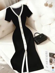 Elegant Knitted Dress, Short Sleeve Long Dress, Solid Color, Slim Fit, High Waist, French Style, Office Wear, Date Night, Tea Time, Pear Shape, Womenswear