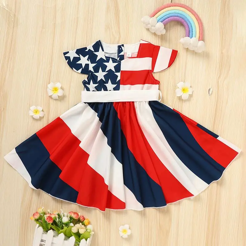 Toddler Girls' Patriotic Cotton Blend Short Sleeve Dress - 4y,5y,6y,5T,6T, Red White Blue Stars & Stripes, Breathable Flare Skirt, Twirl-Ready 4th of July Memorial Day Baby Shower Gift