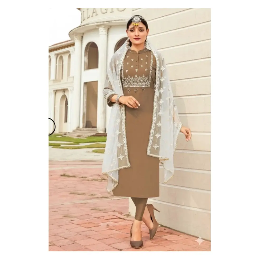 # Core-1 Brown Muslin Kurti set  featuring intricate embroidery & a delicate net dupatta.(Kurthi+ Dupatta )