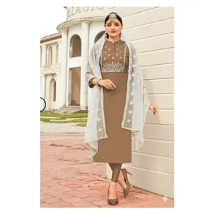 # Core-1 Brown Muslin Kurti set  featuring intricate embroidery & a delicate net dupatta.(Kurthi+ Dupatta )