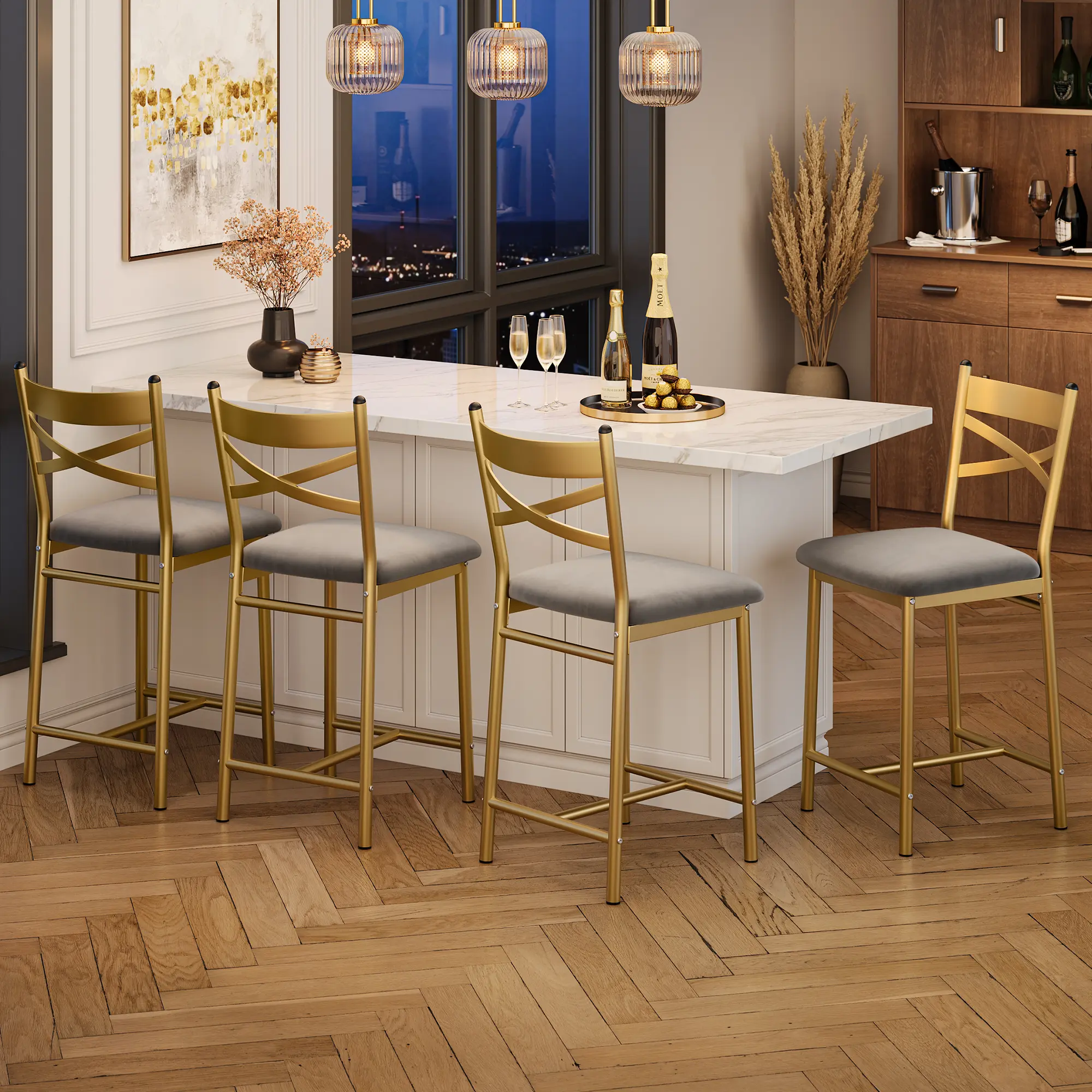 Bar Stools Set of 4 or 2, Upholstered Bar Chairs with Back, Thick Cushion, Counter Height Barstools for Kitchen Island Apartment Counter Bar, Gold/Black/Brown