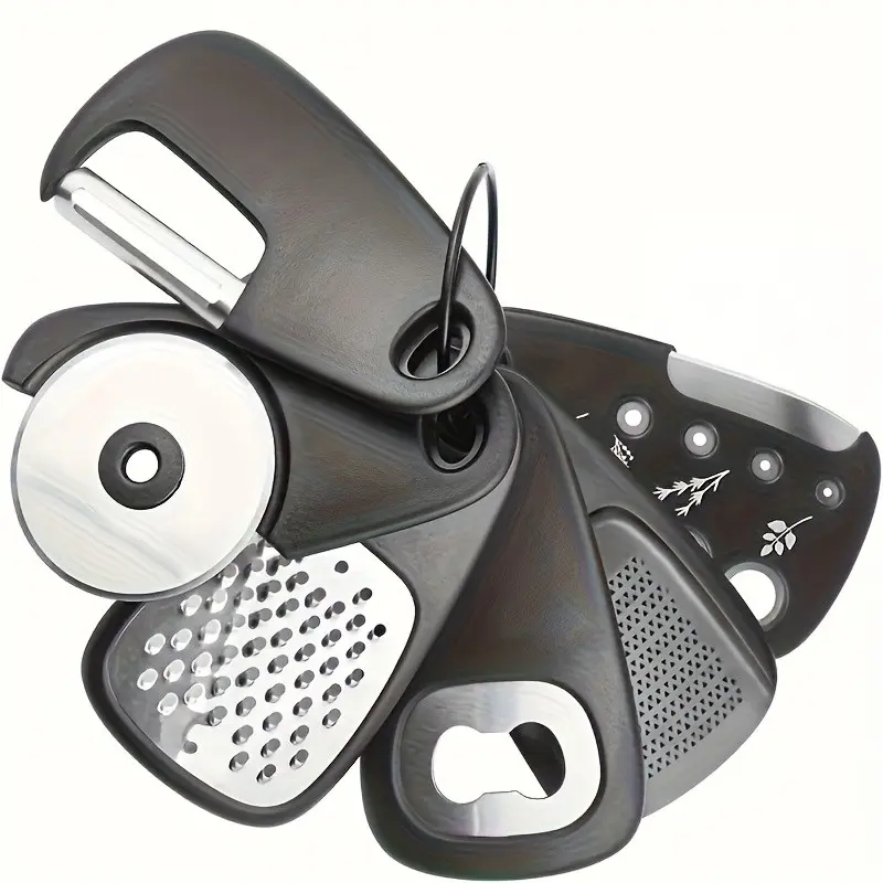 Portable Kitchen 6-Piece Stainless Steel Set, Camping & Outdoor Use, Includes Pizza Cutter, Fruit Slicer, Herb Remover, Bottle Opener, Dishwasher Safe, RV Kitchen Accessories