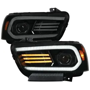 2011-2014 Dodge Charger Projector Headlights w/ LED DRL Light Strip Sequential Turn Signal and Side Marker  (Black Housing / Smoked Lens)
