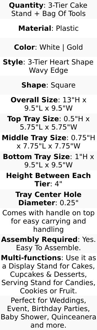 3-Tier Plastic Square Cupcake Stand Tower 13" White Heart Wavy Edge