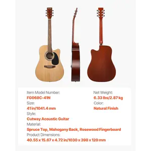 VEVOR Cutway Acoustic Guitar, 41 in, 6-String, Natural Solid Spruce Top Guitar, Beginner Bundle with Gig Bag, Tuner, Strap, Steel Strings, Picks, Capo, Rosewood Fingerboard, for Fingerstyle Solo Jazz