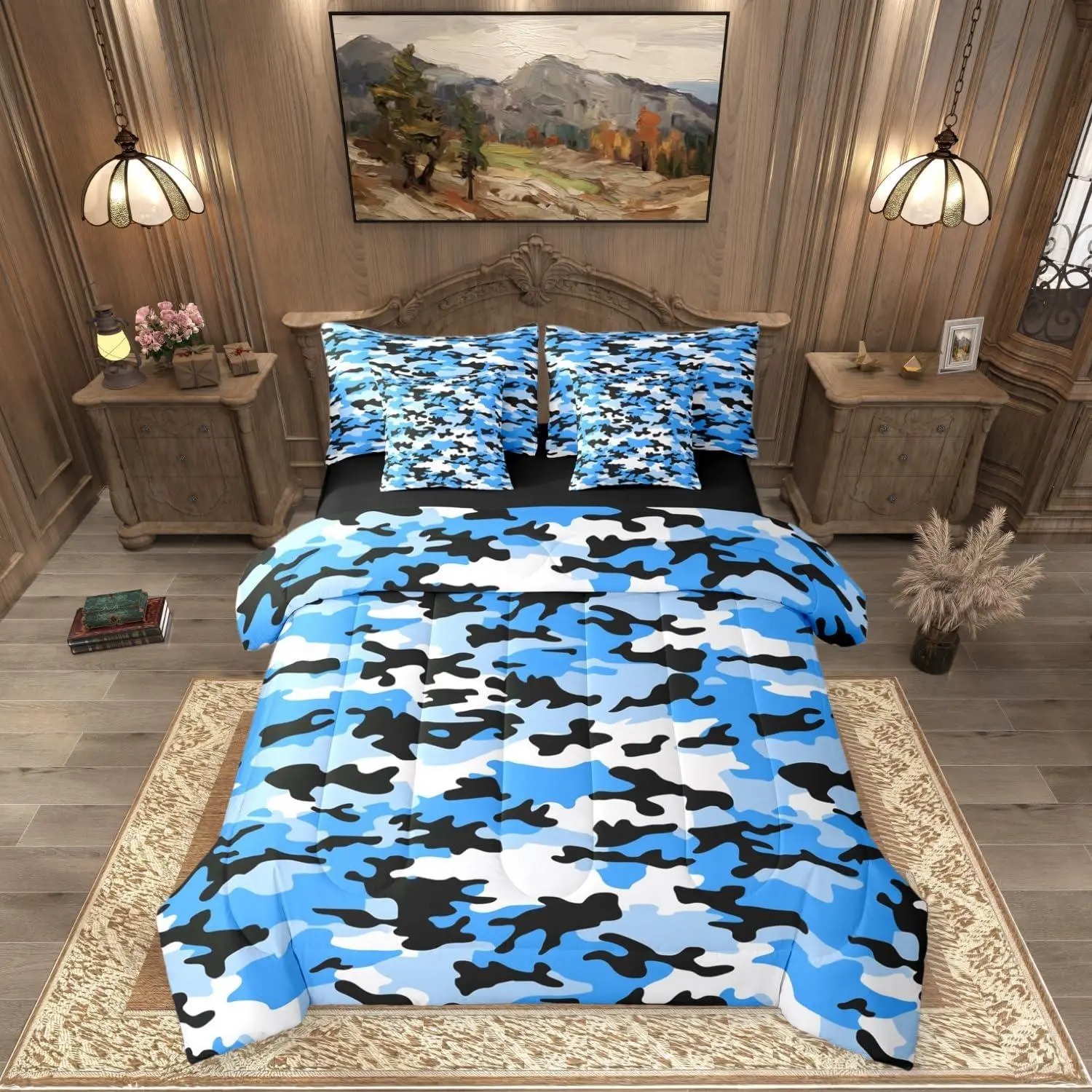 Feelyou Queen Size 7-Piece Blue Camouflage Bedding Set - Microfiber Comforter, Military Tie-Dye Bag, Retro Army Themed Breathable Bedsheet Sets, Ideal for Girls, Christmas, Halloween