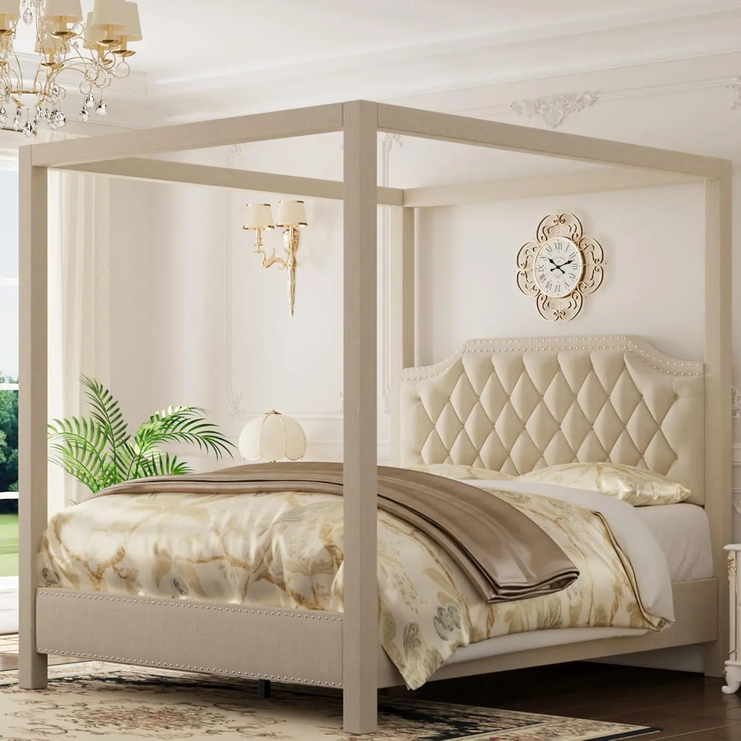 Upholstered Tufted Canopy Bed Frame with Nailhead Decor Headboard, 4-Corner Support Poles, Solid Wood Slats, Noise-Free Platform Bed No Box Spring Required, Tufted Headboard
