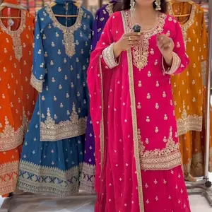 Women Designer Plazo Set Indian Sharara Pakistani Diwali Party Wear Orange with Gold Embroidery & Polka Dots