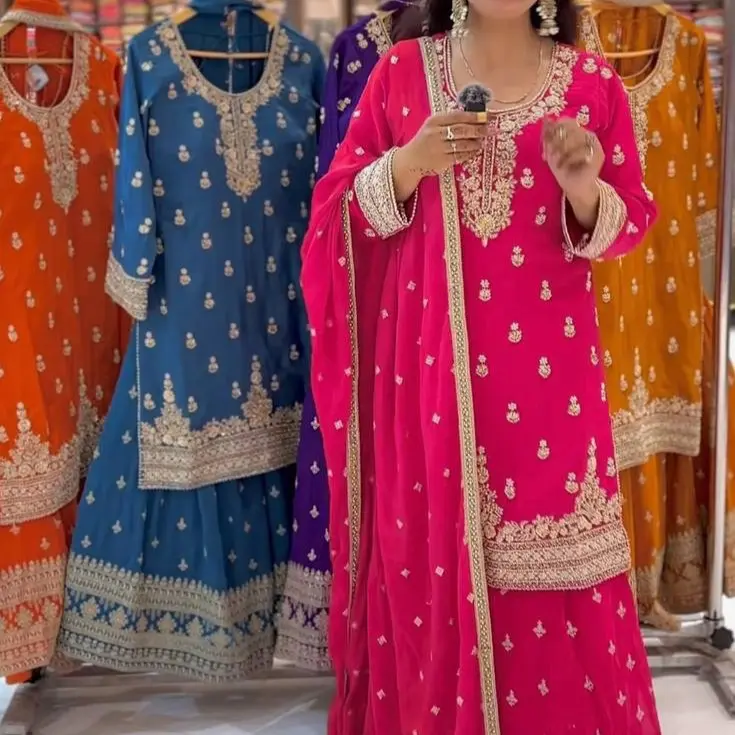Women Designer Plazo Set Indian Sharara Pakistani Diwali Party Wear Orange with Gold Embroidery & Polka Dots