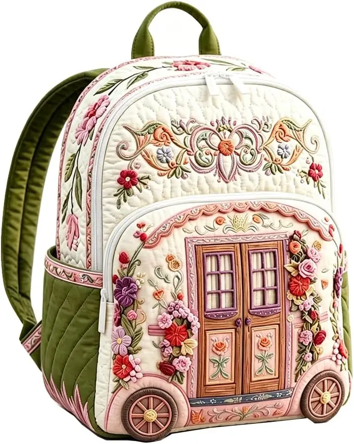 Cottage Floral Quilted Backpack Vintage Travel Bag Women Men Daily Packsack (Medium,A02) bookbag  boho travel backpack  cute school bag  floral print daypack  patchwork backpack  unique casual rucksack