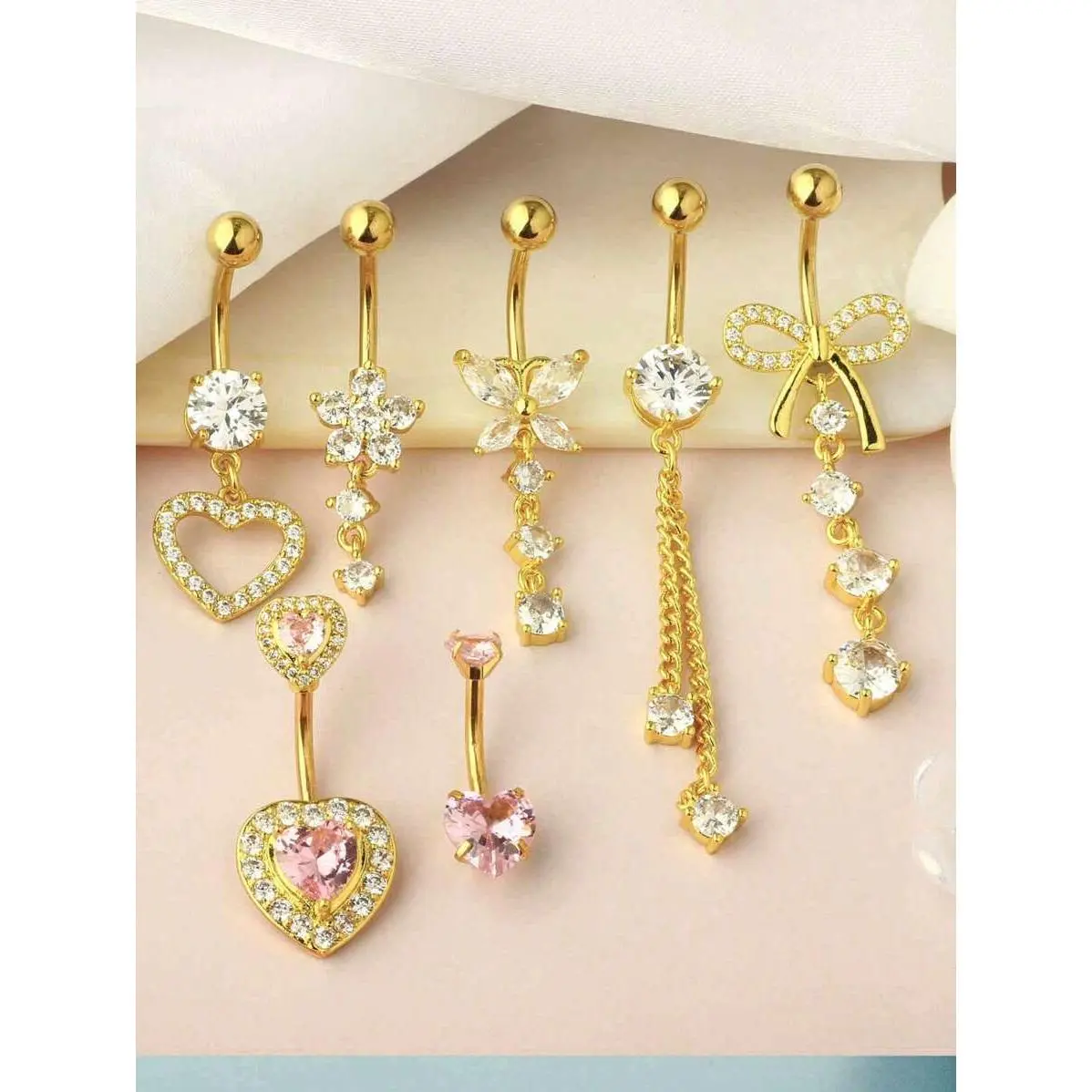 7pcs 14G Golden & Silver Dangle Belly Button Rings - Butterfly, Heart, Flower Designs for Women, Perfect for Summer Beach Parties & Valentine's Gift