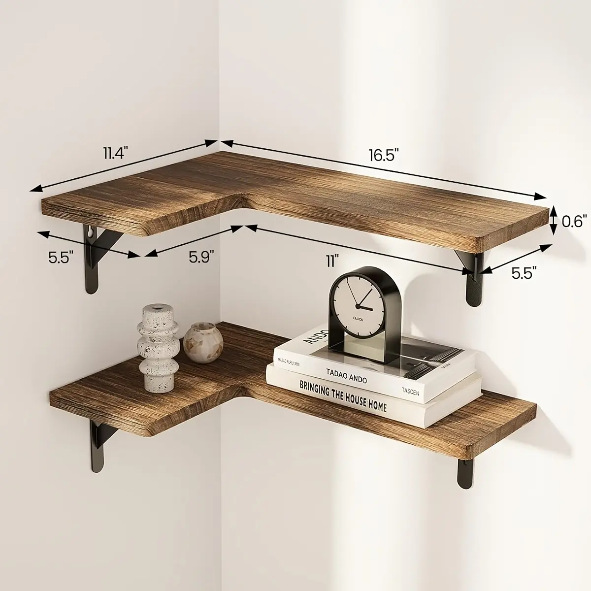 2-Pack Rustic Dark Brown L-Shape Corner Floating Wood Shelves Set, 40 Lbs Heavy-Duty Metal-Mounted Organiser with Easy Installation, Photo Display Storage for Kitchen, Bathroom Home Organizers, Wooden