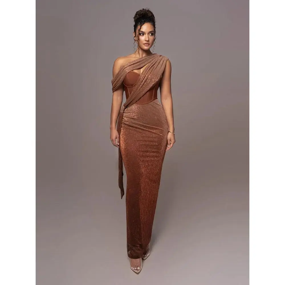 gold celestina draped maxi dress Jluxlabel Women's Metallic Celestina Draped Maxi Dress