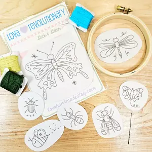 Lova Revolutionary Stick & Stitch Embroidery Pattern Set of 7 Insects Bugs - Butterflies Beetle Dragonfly Fly Bee Ant for Crafting Enthusiasts