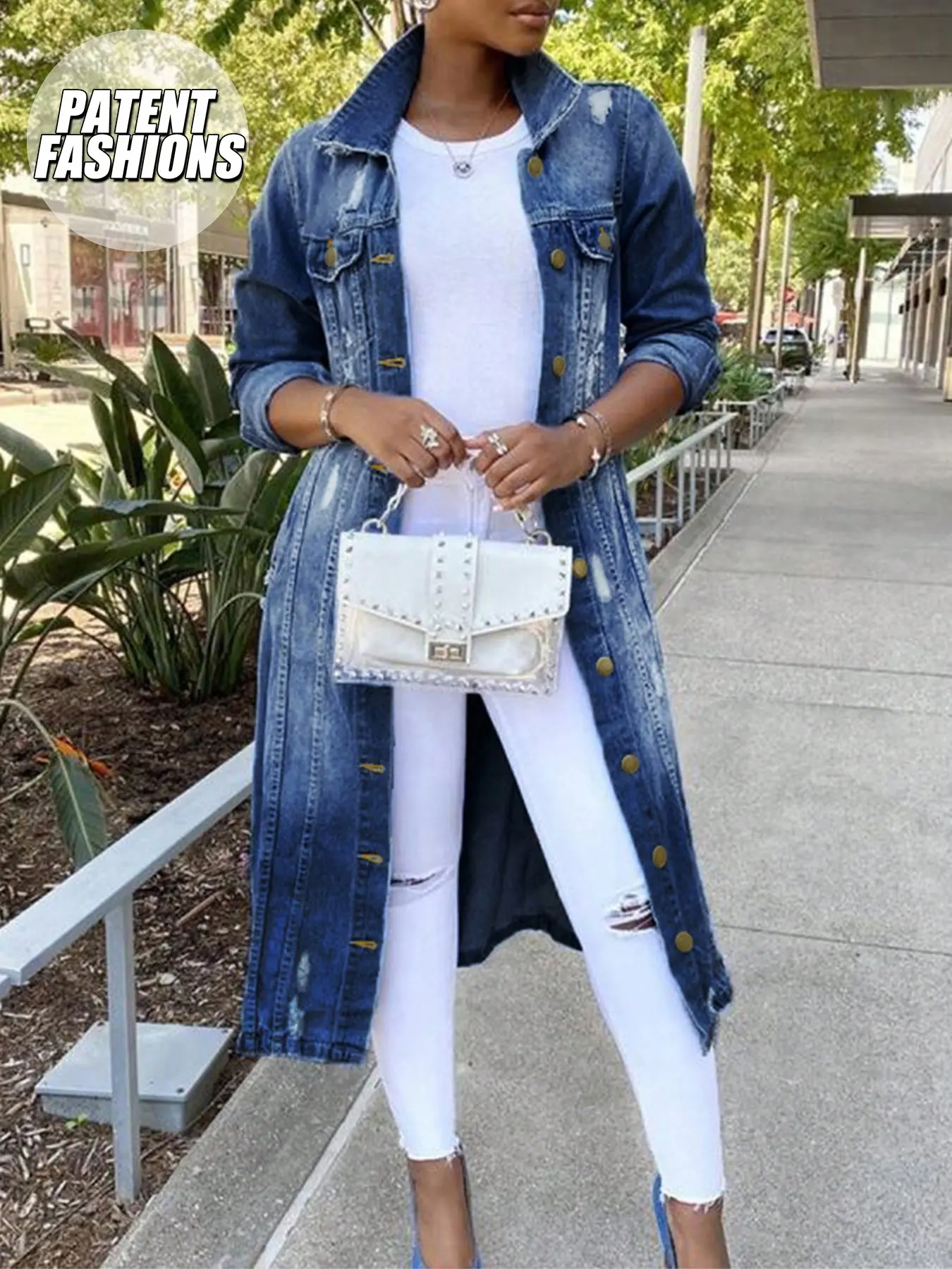 Women's Denim Dark Wash Fitted Long Coat Jacket Button Collared Long Sleeve, Distressed Water Washed Vintage Style, Trendy Cool Feel, Perfect for Casual Wear Outerwear, Denim Jacket Coats, Casual Fall Jacket