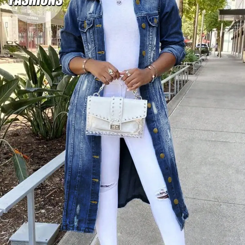 Women's Denim Dark Wash Fitted Long Coat Jacket Button Collared Long Sleeve, Distressed Water Washed Vintage Style, Trendy Cool Feel, Perfect for Casual Wear Outerwear, Denim Jacket Coats, Casual Fall Jacket