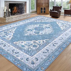 Machine Washable Non-Slip Vintage Floral Area Rug, Low-Pile Carpet 6x9 ft, Red/Blue/Gold/Green for Living Room Bedroom Dining Room Office Bedside Decor