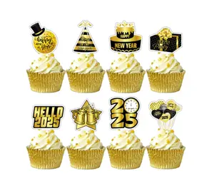 48 PCS 2025 Happy New Year Cupcake Toppers Black Gold New Year Party Decorations for Cake Cupcake Ornaments Signs 2025 New Year Eve Party Supplies