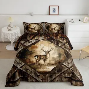 Watercolor Deer Comforter Set Retro Barn Door Wooden Stripes Bedding Set Adults Tribal Arrow Jungle Animal Trees Rustic Comforter Duvet Set