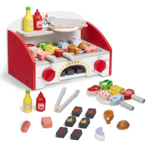 fathersdaygift VEVOR Kids BBQ Grill Playset, Wooden Grill Playset With Realistic Carbon Fire, Wooden Play Food Kitchen Accessory (26 PCS), Indoor/Outdoor Interactive Pretend Play Toys for Boys Girls Ages 3+ Gift