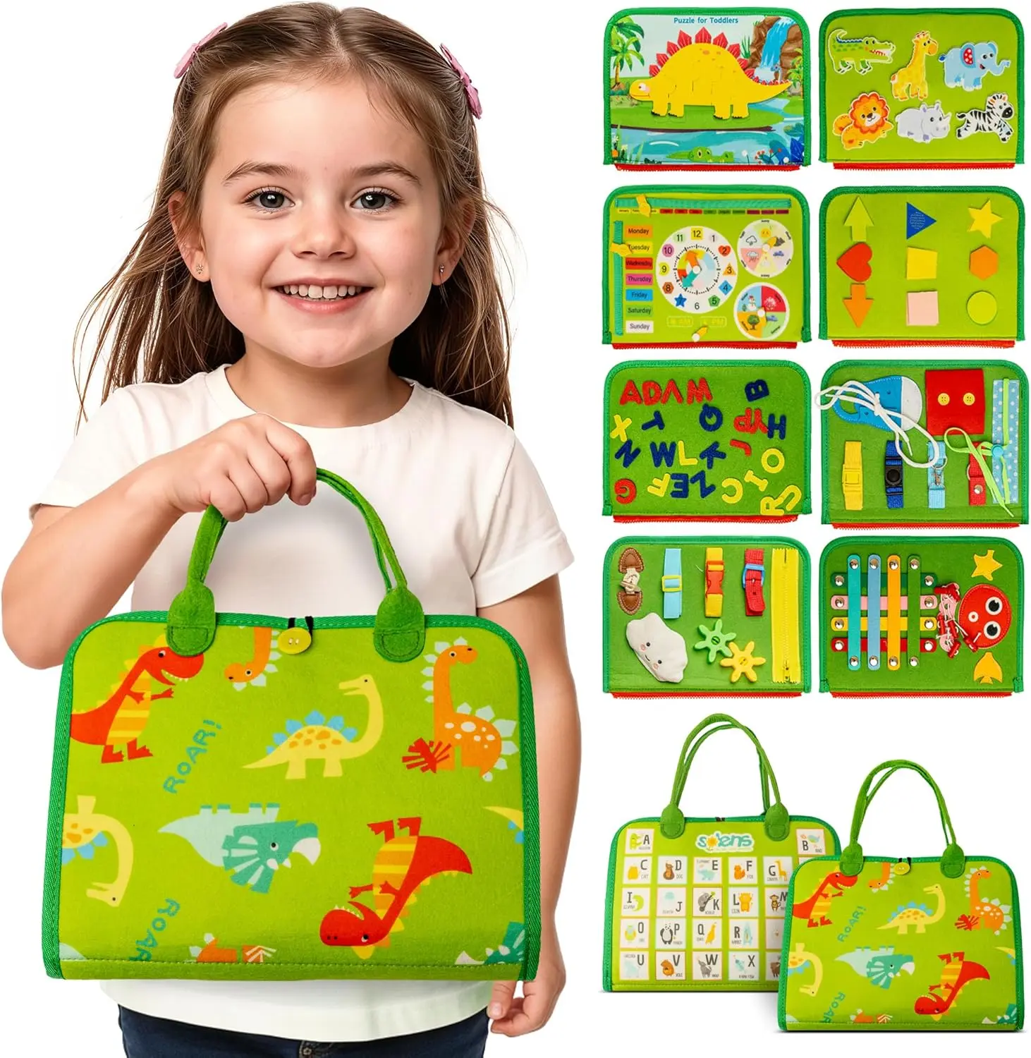 Busy Book For Toddlers Ages 1-3, Montessori Busy Book Felt Activity Book with 25+ Activities on 8 Pages, Sensory Learning Toy for Fine Motor Skills with Alphabets, Puzzles & Time Learning, Green Interactive