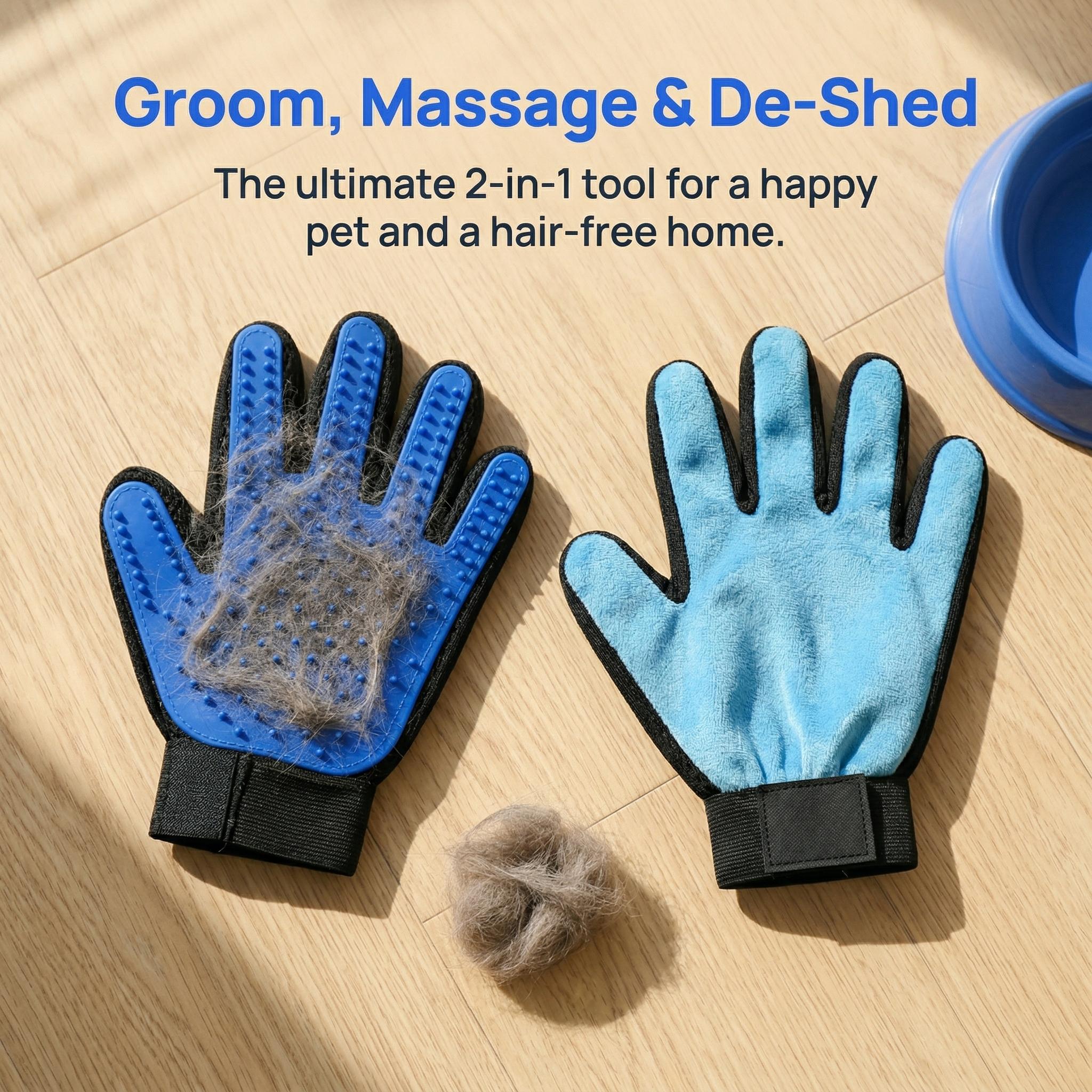 Pet Hair Removal Glove for Dogs & Cats, 2-in-1 Deshedding Brush & Massage Mitt - Grooming Gloves for Shedding Control, Bathing and Washing, Safe for Short/Long Hair Pets 2-Pack (Blue)