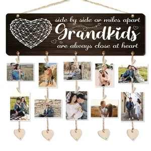 Traditional Wooden Grandkids Photo Hanger Plaque with Hemp Rope, Multifunctional Family Frame Decor, Ideal Gift for Christmas, Wall Decoration