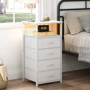 Night Stand with Charging Station, LED Nightstand with U-S-B Ports and Outlets, 4 Fabric Storage Drawers with PU Finish, Bedside Table, White