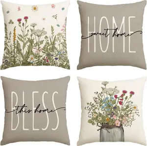 Spring Wildflowers Throw Pillow Covers 18x18 Set of 4 Home Sweet Home Cushion Cases for Sofa Couch Decor