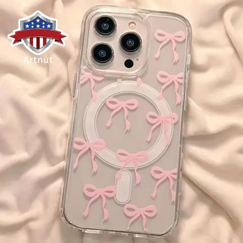 Girly Bow Pattern Magnetic Phone Case for iPhone 17 Air 16 Pro Max 15 16E 14 Plus 13 12 Mini 11 Promax X XS XR XSMax Non-Yellowing Clear Crystal Drop-Proof Slim Silicone Shockproof Transparent Acrylic Cover Supports Wireless Charging.