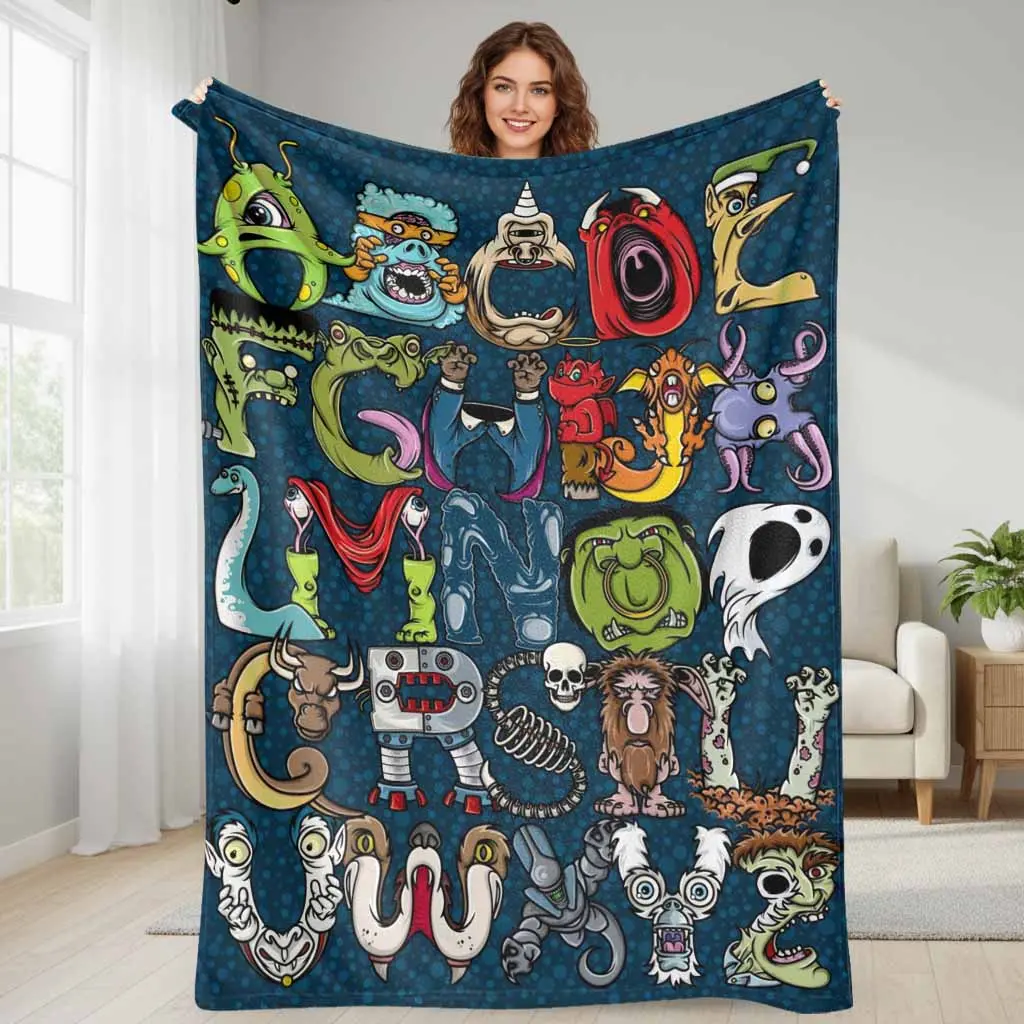 Monster Alphabet Flannel Blanket - Funny Creature Letter Print, Soft, Cozy, Lightweight, Warm, Breathable, Wrinkle-Resistant, Durable Throw for Sofa, Gaming Room, Halloween Gift