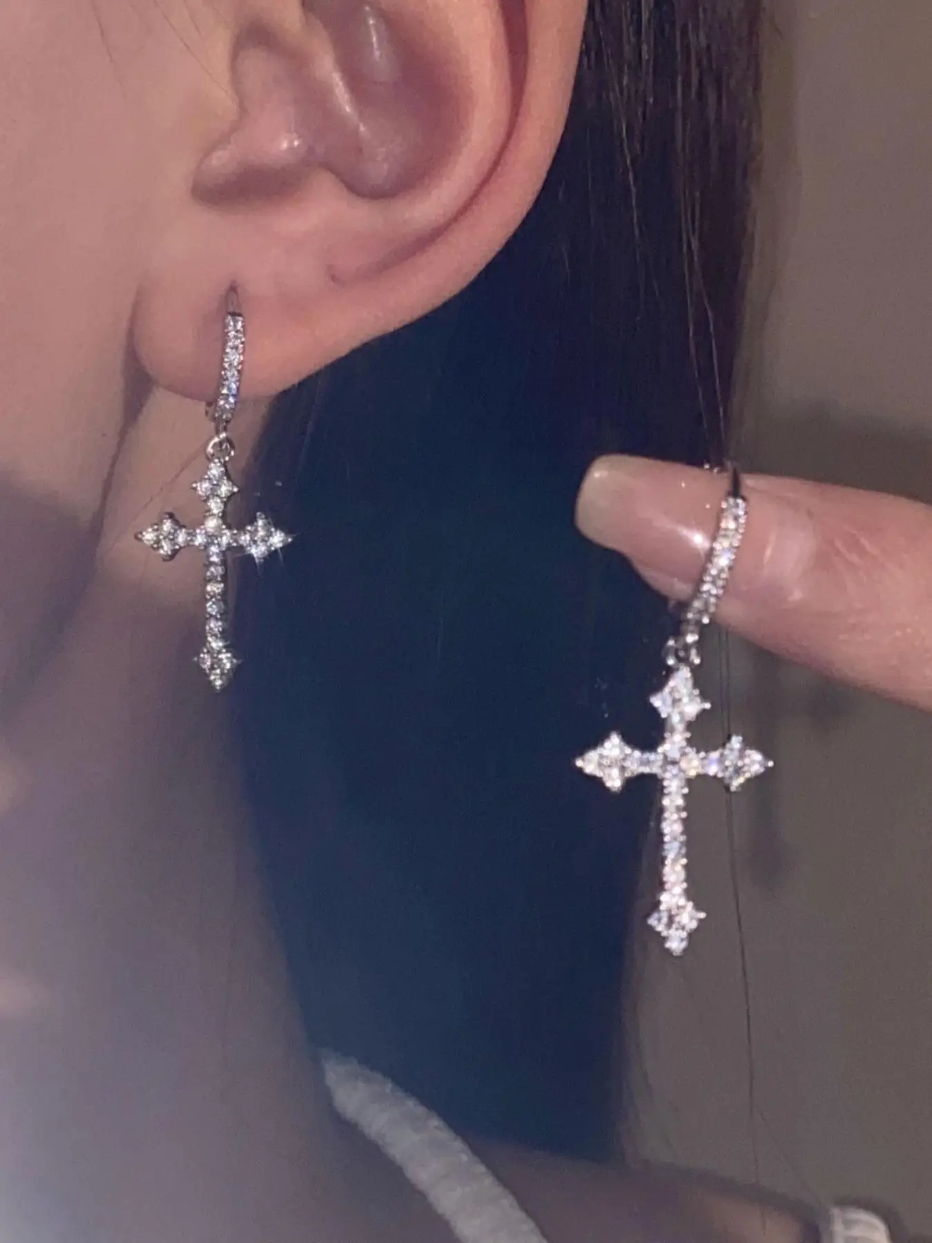Women's Elegant Rhinestone Decor Studded Cross Earrings Earrings, 1 Pair Trendy Glittering Dangle Earrings, Luxury Jewelry for Daily & Party Decor, Gi