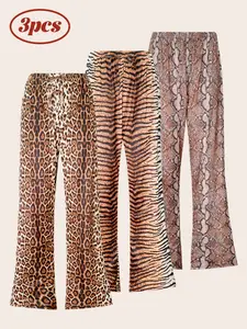 Leopard Girl Family Set Total 3 PCS Per Pack Cute comft  Women's Soft Drawstring Elastic Waist Loose Knit Causal Long Sleeping Pajamas Trousers PJ Pants Bottom For Fall Loungewear pijamas para mujer Set