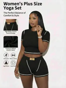 Women's Two-Piece Ribbed Sportswear Set, Premium Ice Silk Knit, Non-Transparent, Cool & Breathable, Elastic Fit, High Waist Shorts