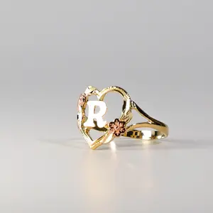 14K Gold Heart & Rose Initial "R" Ring