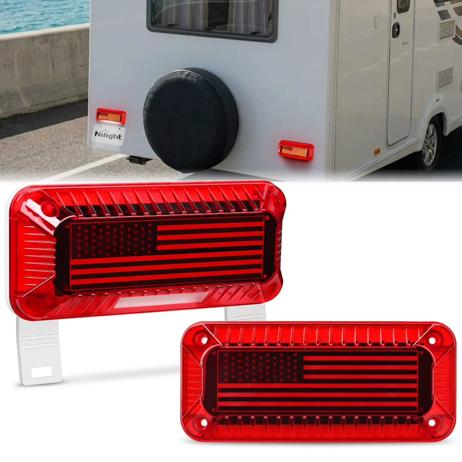 Nilight 2PCS 72-LED RV Tail Lights - High-Brightness ABS PC Lens, Red Running Stop Brake/Turn Signals, White License Plate Light, Surface-Mount Waterproof LED Blinker Taillights for RV, Camper Van