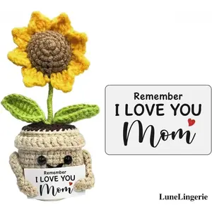 Lune Handmade Crochet Sunflower Pot "Remember I Love You Mom" Sentimental Gift for Mothers Day & Birthday Elegant Knitted Plant for Mom's Special Day