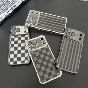 Shockproof Checkerboard Stripe Phone Case Transparent Silver Black Frame for iPhone 17 Pro Max 16 Pro Max 15 Pro 14 13 12 11