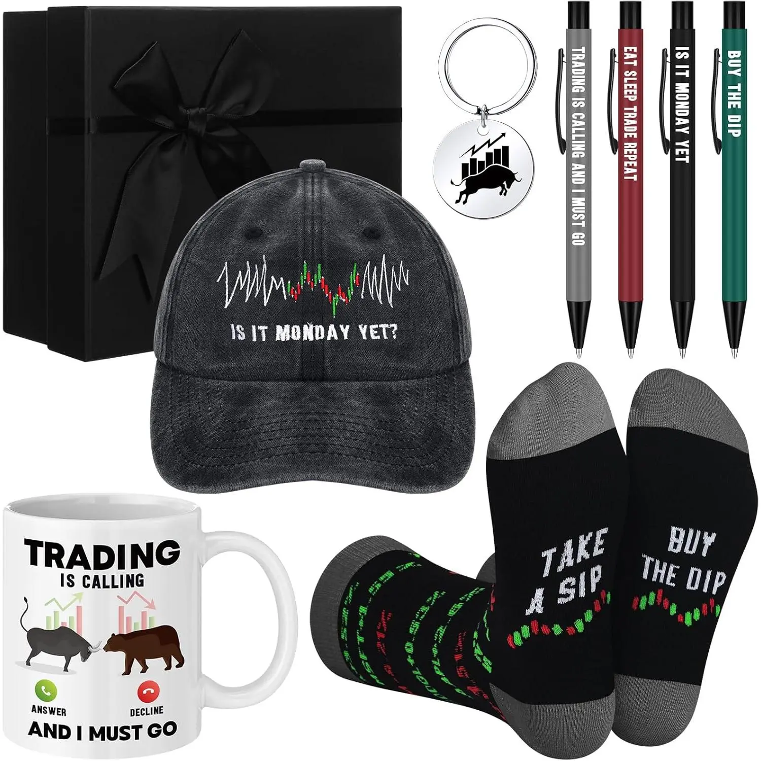 Berlune 9-Pc Father's Day Stock Market Gift Set for Men Investors, Including Cotton Socks, Prayer Keychain, Baseball Cap, Coffee Mug, 4 Ballpoint Pens & Gift Box (Day Trader Accessories)