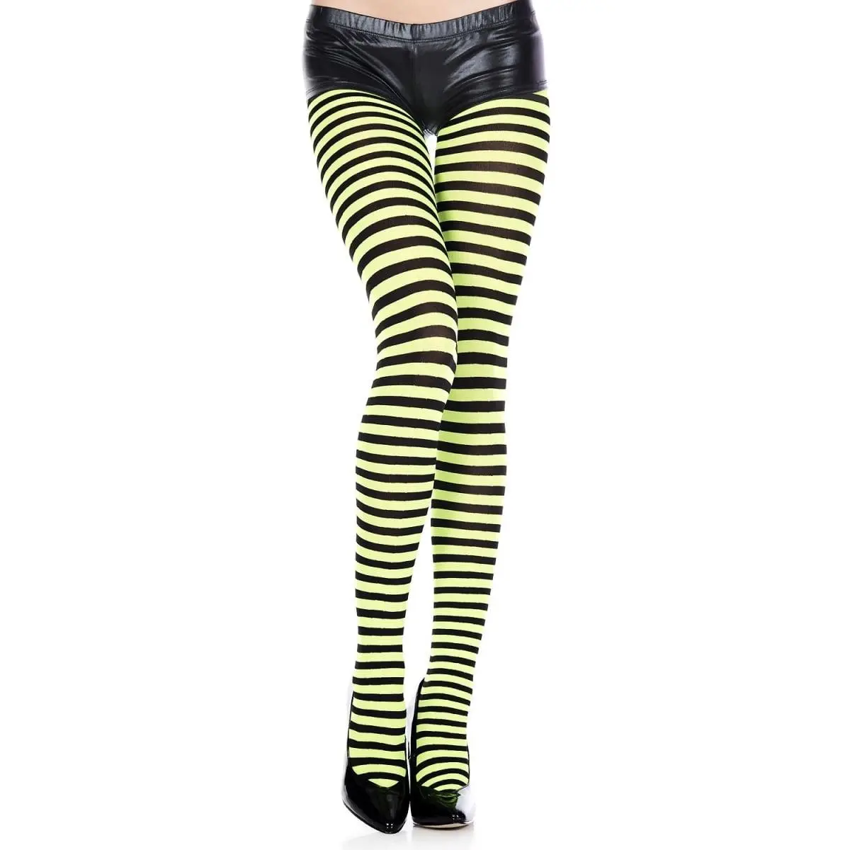 Music Legs Women's Striped Skinny Fit Tights, Black and Neon Green Fashion Costume Bottoms for Game Day & Parties, Leggings, Fitted, Costume Wear, American Football Fan, Musiclegs, Exceptional Quality, Tight Pants, Costume Look