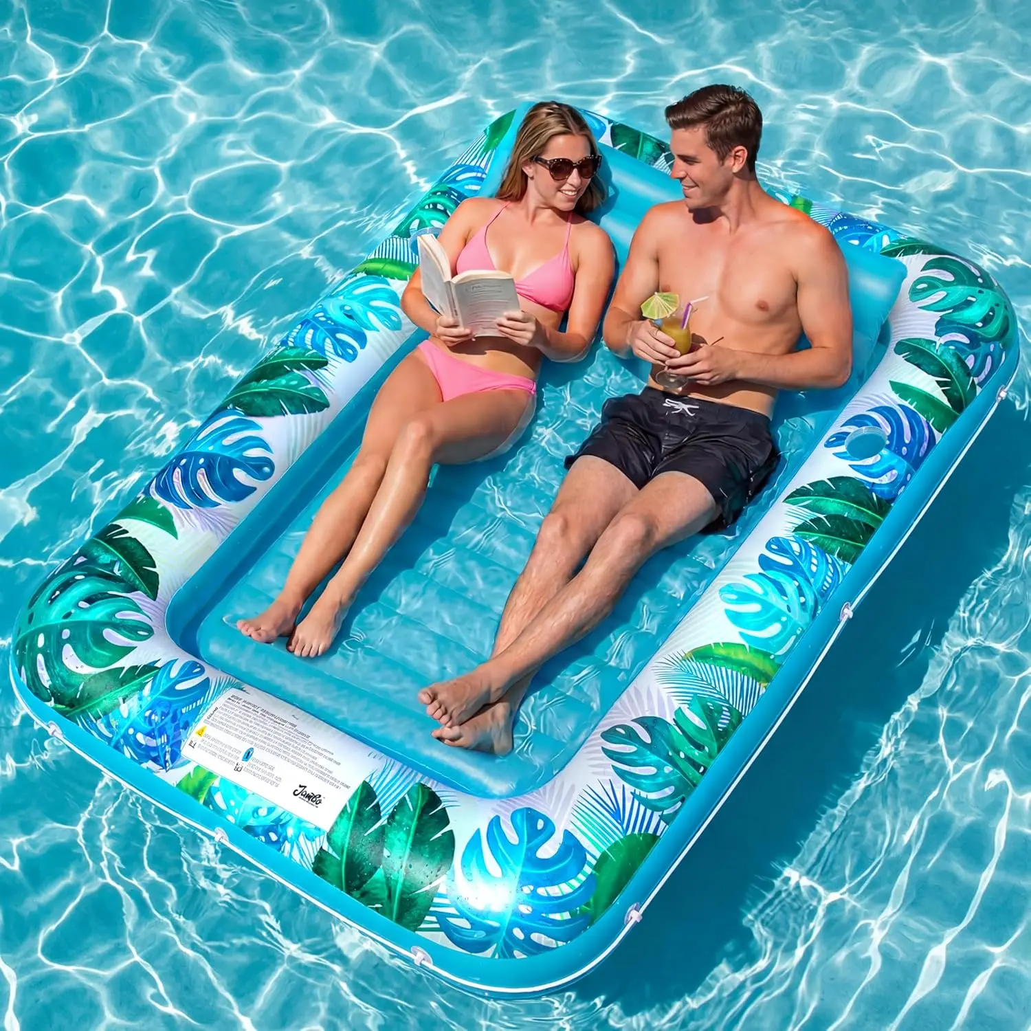JAMBO Double Inflatable Tanning Pool Lounger Float, 80 x 56 Sun Tanning Pool Float with Pillow, Water Lounge Raft Pool Floatie for Adults Tanning Raft Water Tanning Bed Kiddie Pool Floats