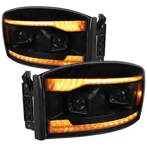 2006–2008 Dodge RAM 1500 / 2006–2009 RAM 2500 3500 Projector Headlights with Switchback Amber LED Strips, Sequential Turn Signals, DRL & Startup Animation (Black Housing / Smoked Lens)