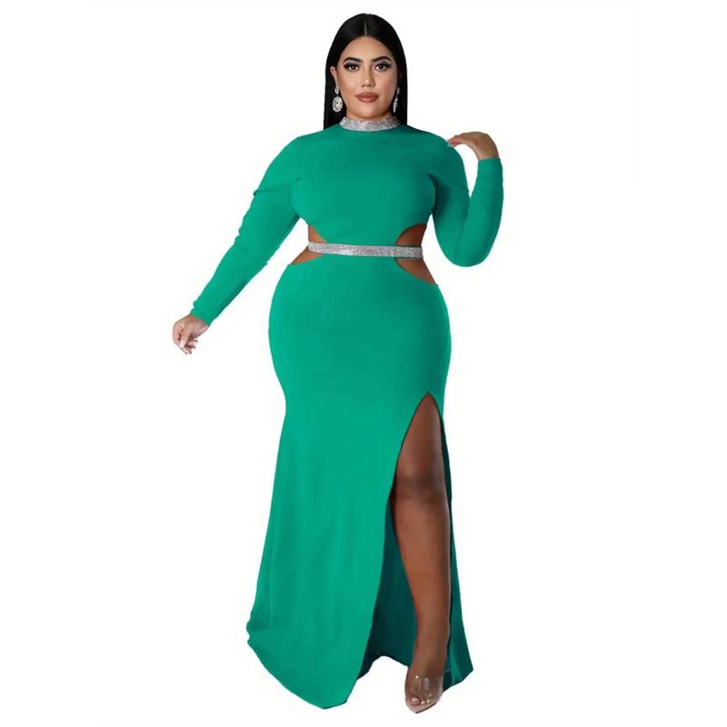 Plus Size - Plus Size Women'S Elegant Sexy Waist-Baring Slit Dress - Emerald Green Asymmetrical Hem Long Formal Party Dress with V-Neck & Slit Back, Floor-Length Winter Evening Gown for Women, Non-Stretch Elegant Party Outfit