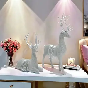 2 Counts Art Deco style deer statue with silver glitter decoration and bead details - chip craft sculpture, suitable for Christmas, Thanksgiving, New Year and general holiday decoration - suitable for home, study or living room decoration