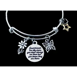 Good Friends Are Like Stars Always There Expandable Charm Bracelet Adjustable Silver Bangle Trendy One Size Fits All Gift BFF Jewelry