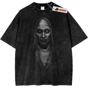 Horror Valak The Nun Halloween Acid Washed T-shirt, Vintage Anime Gym Shirts, Mineral Heavyweight Vintage Washed Cotton T-Shirt Sizes S-3XL For Anime Lovers