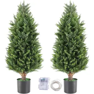 3FT Artificial Cedar Topiary Trees Set of 2,  Lifelike  Evergreen Pine Potted Shrubs  Outdoor, Realistic Faux Cypress Bushes for Front Porch Indoor  Garden Christmas Decor